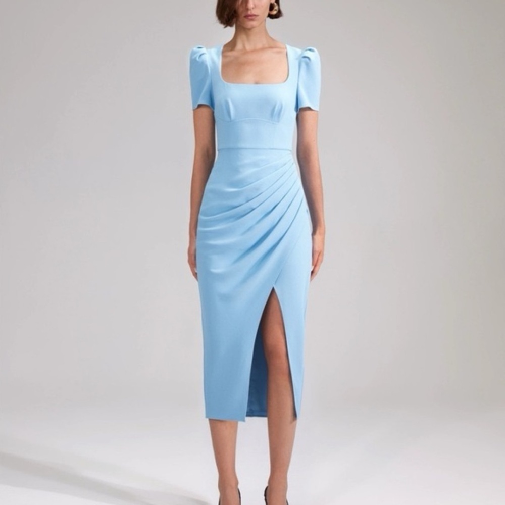 Self-Portrait Powder Blue Ruched Midi Dress with Front Slit PERFECT CONDITION